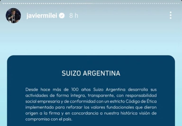 Cola de paja?: en su primera referencia al escándalo, Milei compartió el comunicado de la Suizo Argentina