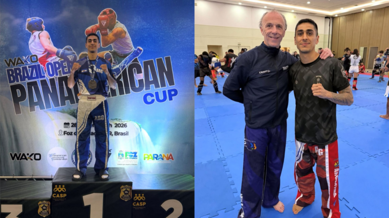 Ángel Pinto, kickboxer santiagueño, celebra su título panamericano en Foz do Iguaçu.