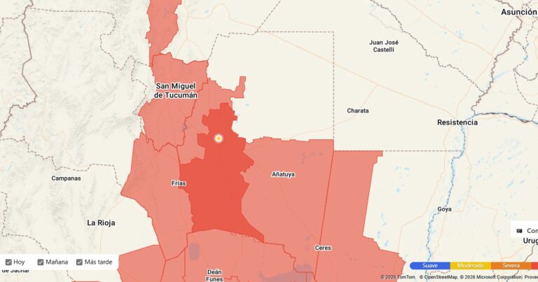 Mapa del alerta meteorológico sobre la provincia de Santiago del Estero