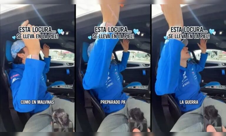 Franco Colapinto junto a un auto Alpine durante una grabación promocional