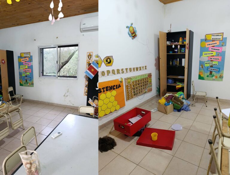 Interior de la Fundación Dignamente en Quimilí con juguetes y libros destruidos tras ataque vandálico