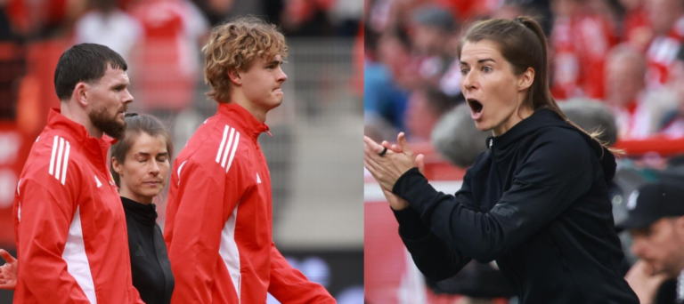 Marie-Louise Eta, entrenadora del Unión Berlín, en el banco durante un partido de la Bundesliga.