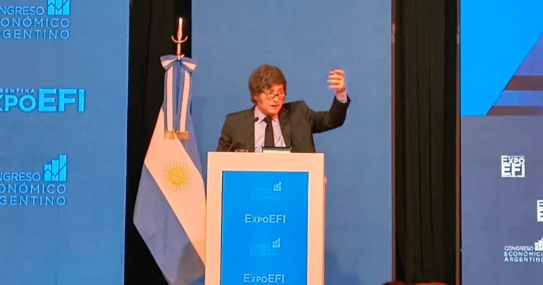 Javier Milei hablando en el estrado de la Expo EFI en Buenos Aires