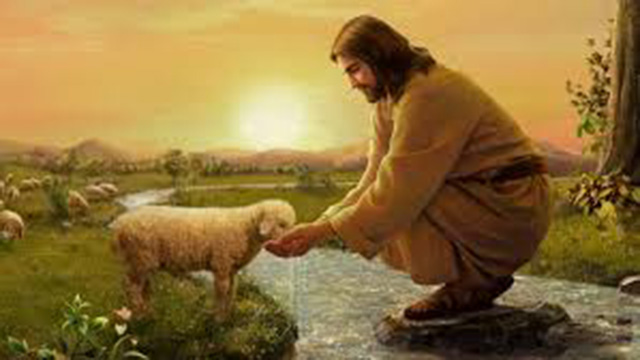 Representación de Jesús como pastor con ovejas en un corral