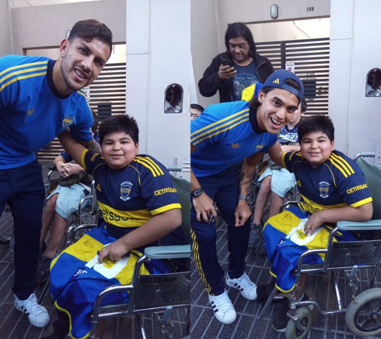 Niño de 9 años con camiseta de Boca junto a jugadores del plantel
